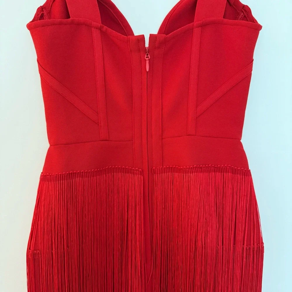 STYLE OF CB Red Midi Bodycon Dress w/ Maxi Length Tiered Fringe, Size XS - Picture 11 of 14